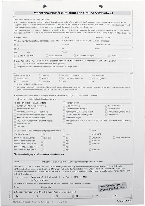 Anmeldeformulare Anamnese Stück 100 Blatt A4, mit Recall-Einverständnis