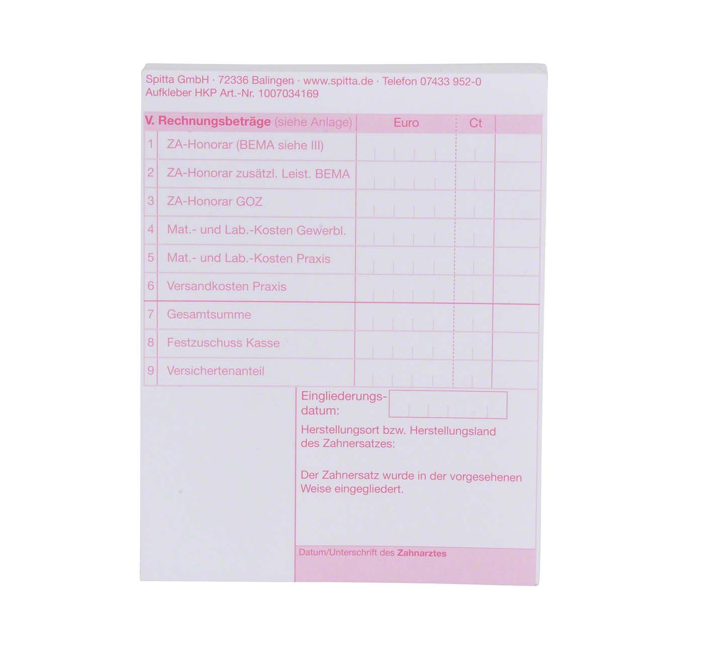 Heil- und Kostenplan V. Rechnungsbeträge Spitta Verlag